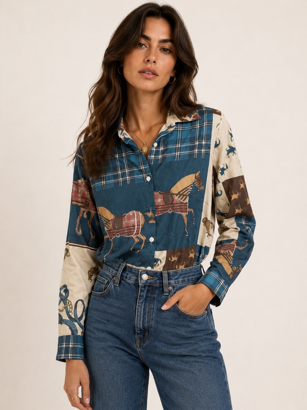 IT36. From Italy 🇮🇹 Horse Print Button-Up Shirt in Teal